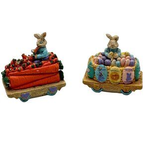 Easter Bunny Train Figures Vegetables Eggs Hand-Painted Ceramic 2 Pc Vtg 2"